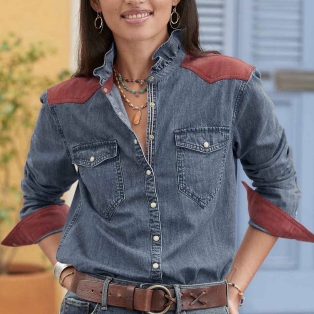Sundance Denim Shirt Womens XS Blue Red Corduroy Yoke Ruffle Western Pearl Snap